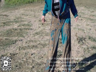 Tracksuit girl in her FILA sneakers playing in mud | Muddy Girl | WAM