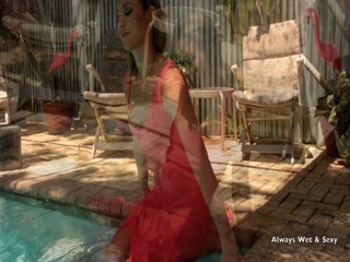 Natalia in Peach Dress going for a swim