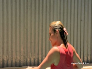 Natalia in Peach Dress going for a swim