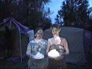 Two girls shaving cream pie fight part II