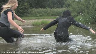 EE Wetlook, sample of Melanie & Kim in lake in officewear